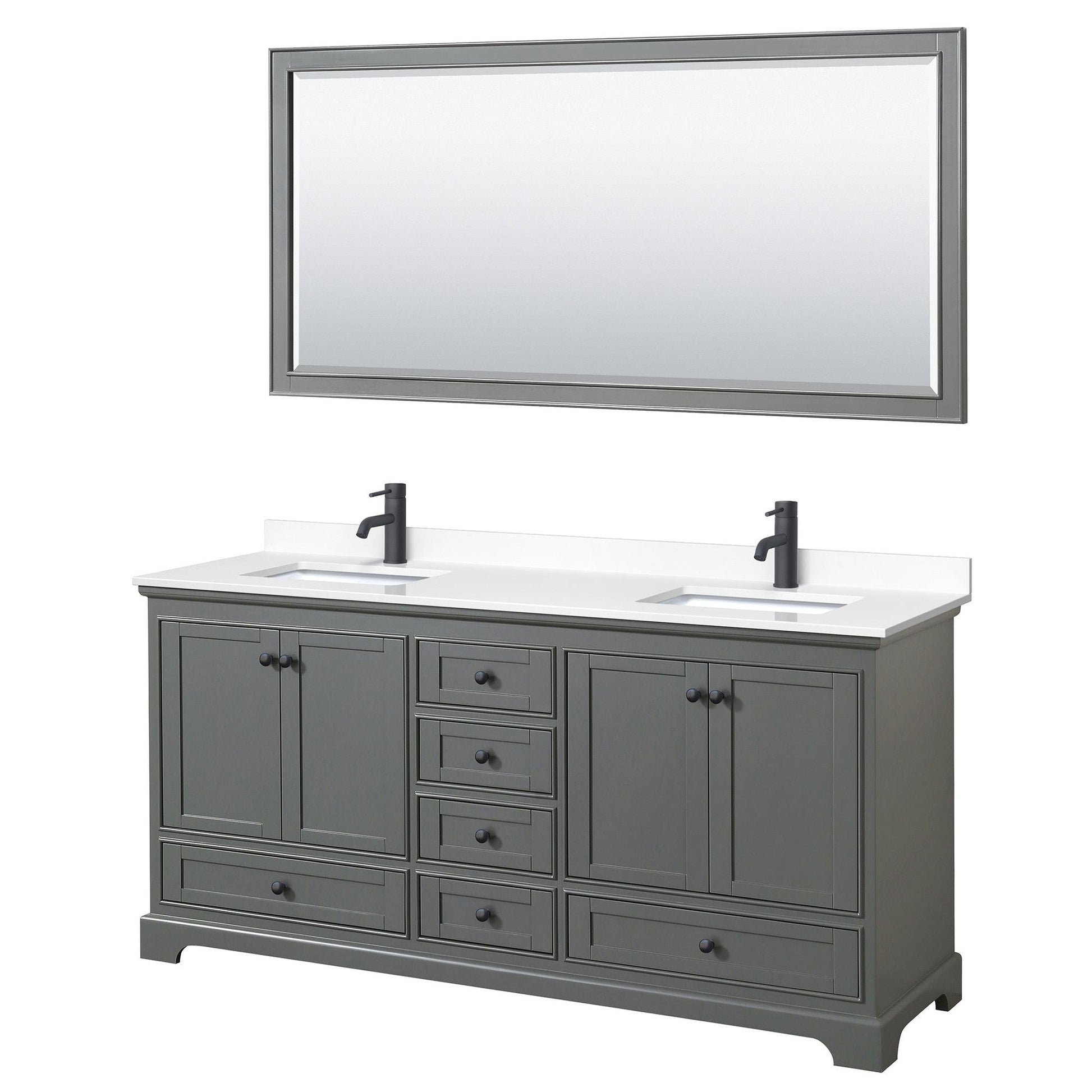 Wyndham Collection Deborah 72" Double Bathroom Vanity in Dark Gray, White Cultured Marble Countertop, Undermount Square Sinks, Matte Black Trim, 70" Mirror