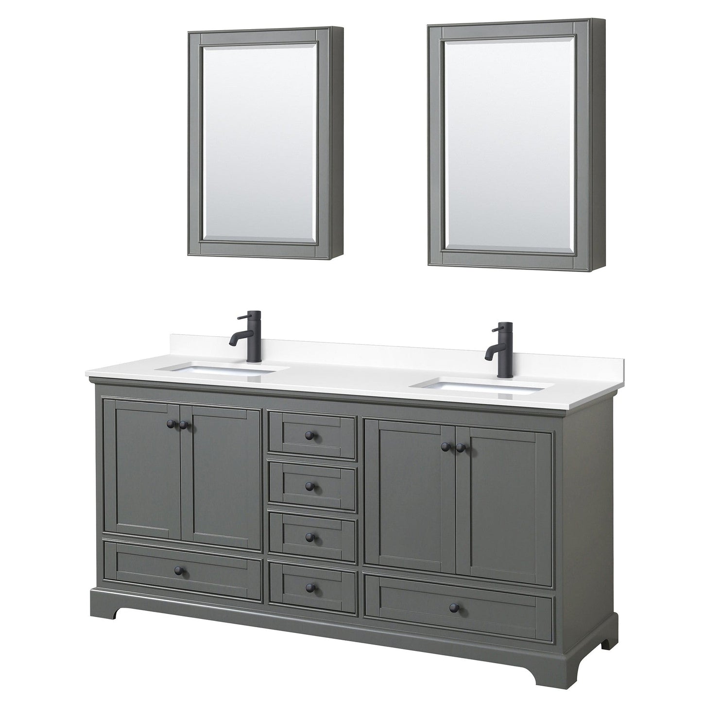 Wyndham Collection Deborah 72" Double Bathroom Vanity in Dark Gray, White Cultured Marble Countertop, Undermount Square Sinks, Matte Black Trim, Medicine Cabinets