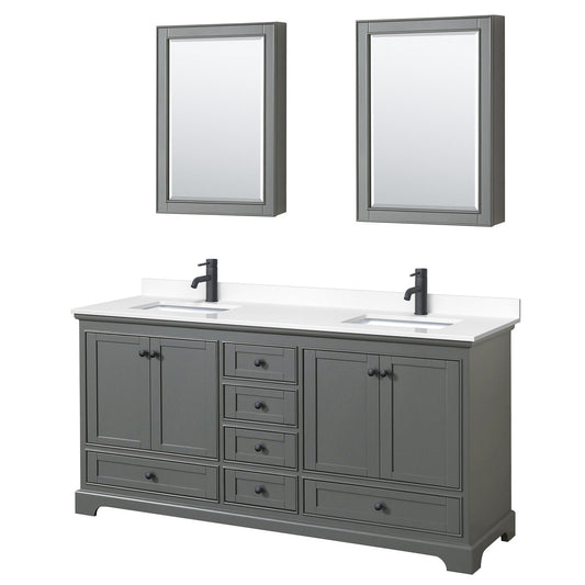 Wyndham Collection Deborah 72" Double Bathroom Vanity in Dark Gray, White Cultured Marble Countertop, Undermount Square Sinks, Matte Black Trim, Medicine Cabinets