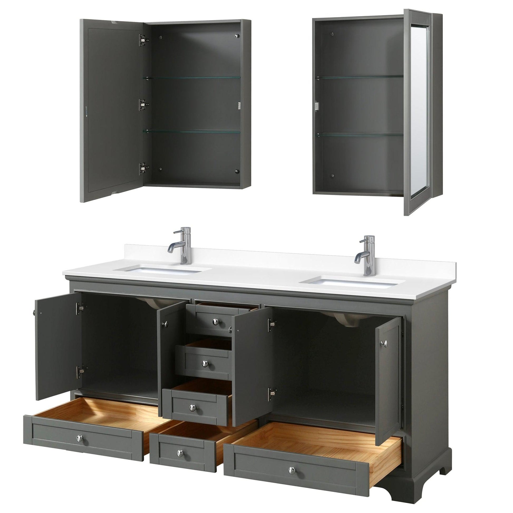 Wyndham Collection Deborah 72" Double Bathroom Vanity in Dark Gray, White Cultured Marble Countertop, Undermount Square Sinks, Medicine Cabinet