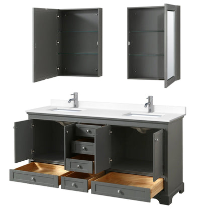 Wyndham Collection Deborah 72" Double Bathroom Vanity in Dark Gray, White Cultured Marble Countertop, Undermount Square Sinks, Medicine Cabinet