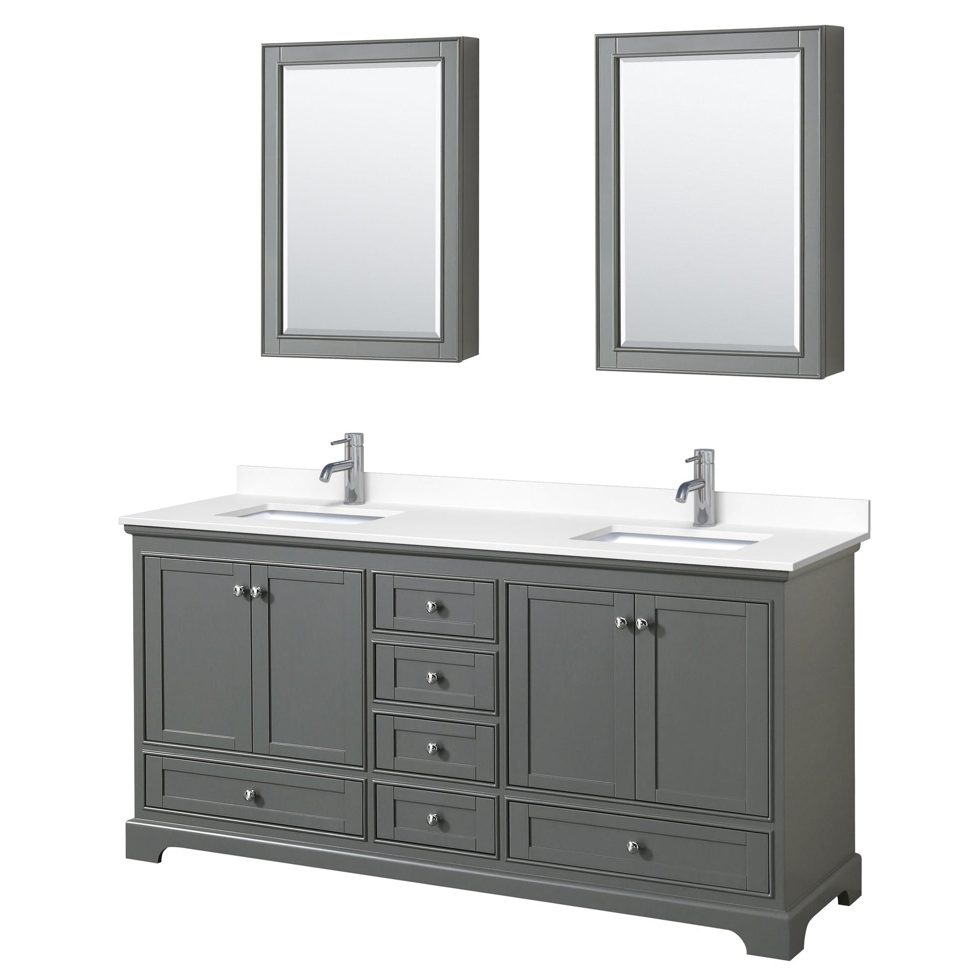 Wyndham Collection Deborah 72" Double Bathroom Vanity in Dark Gray, White Cultured Marble Countertop, Undermount Square Sinks, Medicine Cabinet