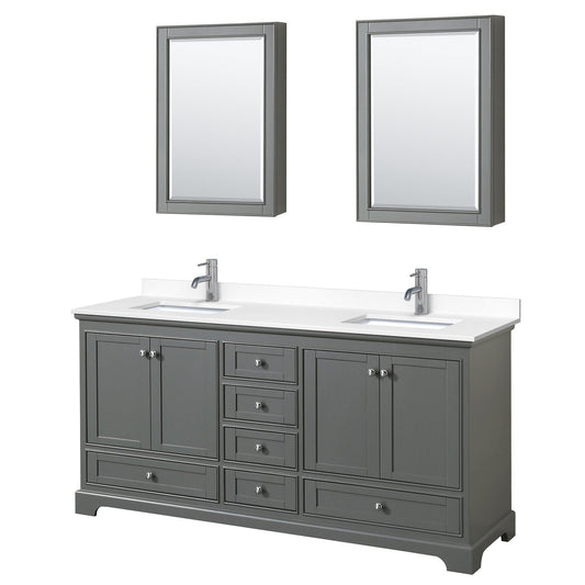 Wyndham Collection Deborah 72" Double Bathroom Vanity in Dark Gray, White Cultured Marble Countertop, Undermount Square Sinks, Medicine Cabinet