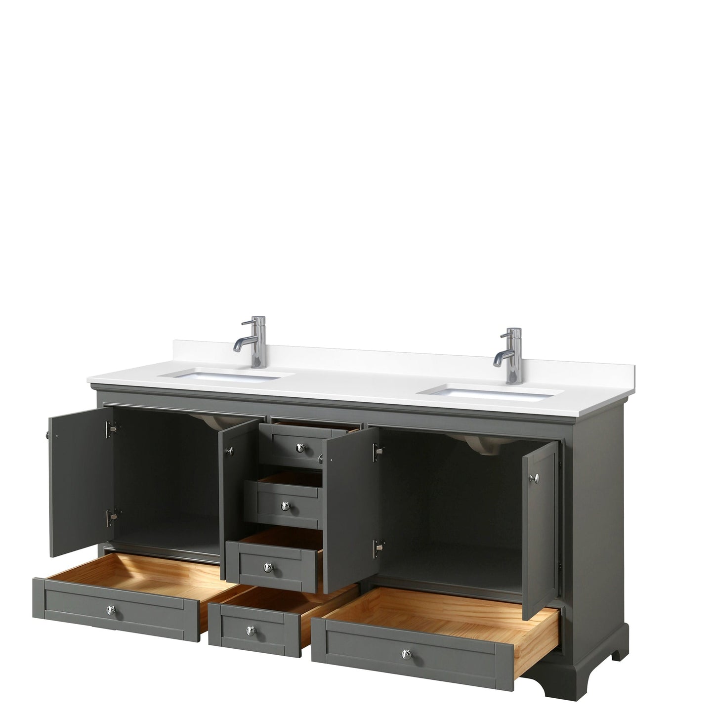 Wyndham Collection Deborah 72" Double Bathroom Vanity in Dark Gray, White Cultured Marble Countertop, Undermount Square Sinks, No Mirror