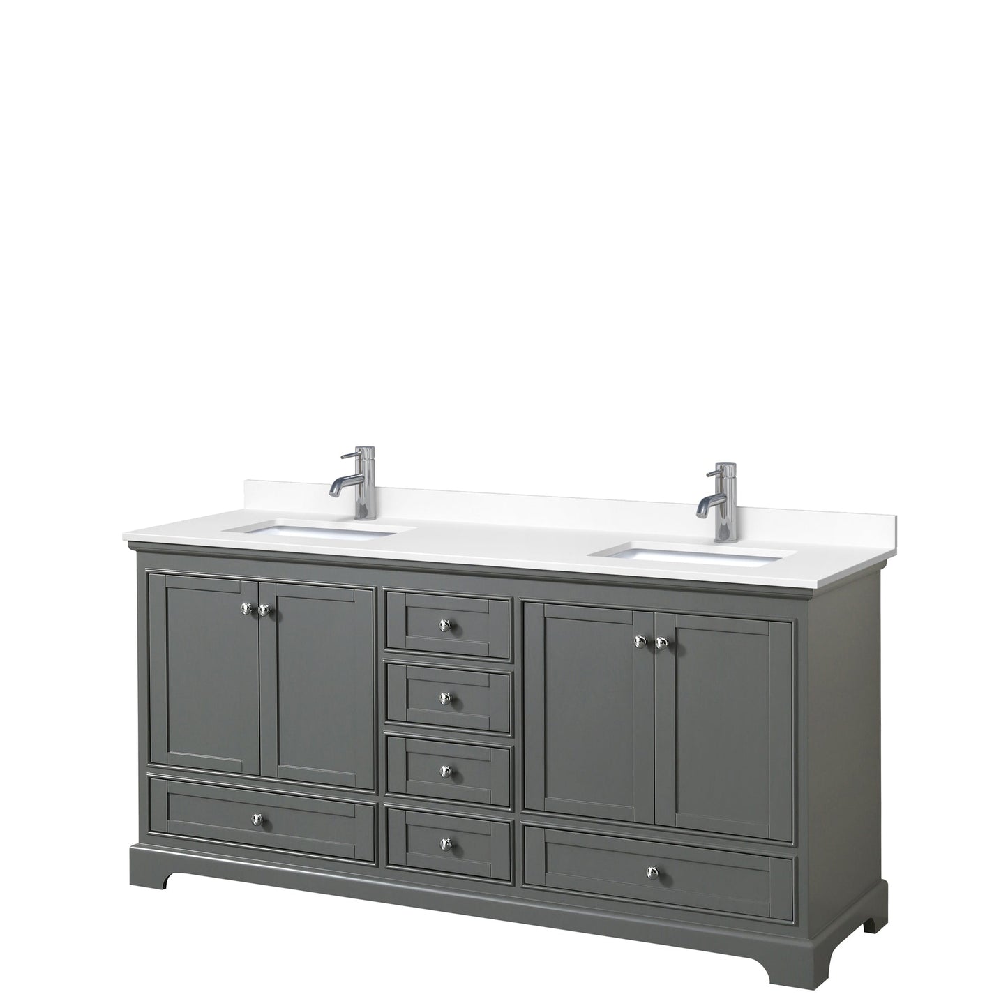 Wyndham Collection Deborah 72" Double Bathroom Vanity in Dark Gray, White Cultured Marble Countertop, Undermount Square Sinks, No Mirror