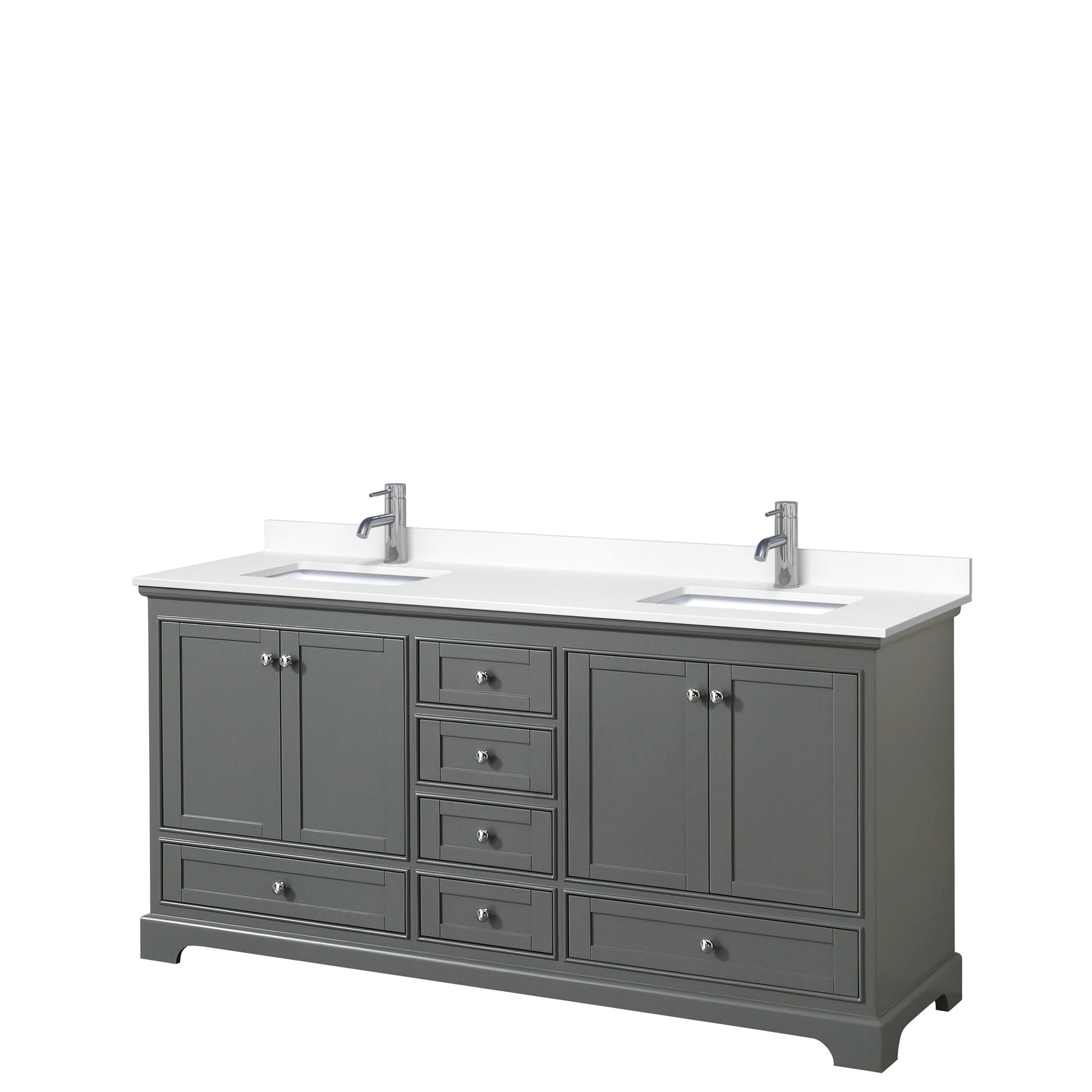 Wyndham Collection Deborah 72" Double Bathroom Vanity in Dark Gray, White Cultured Marble Countertop, Undermount Square Sinks, No Mirror