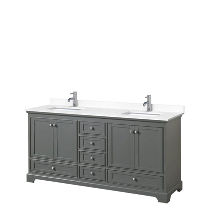 Wyndham Collection Deborah 72" Double Bathroom Vanity in Dark Gray, White Cultured Marble Countertop, Undermount Square Sinks, No Mirror