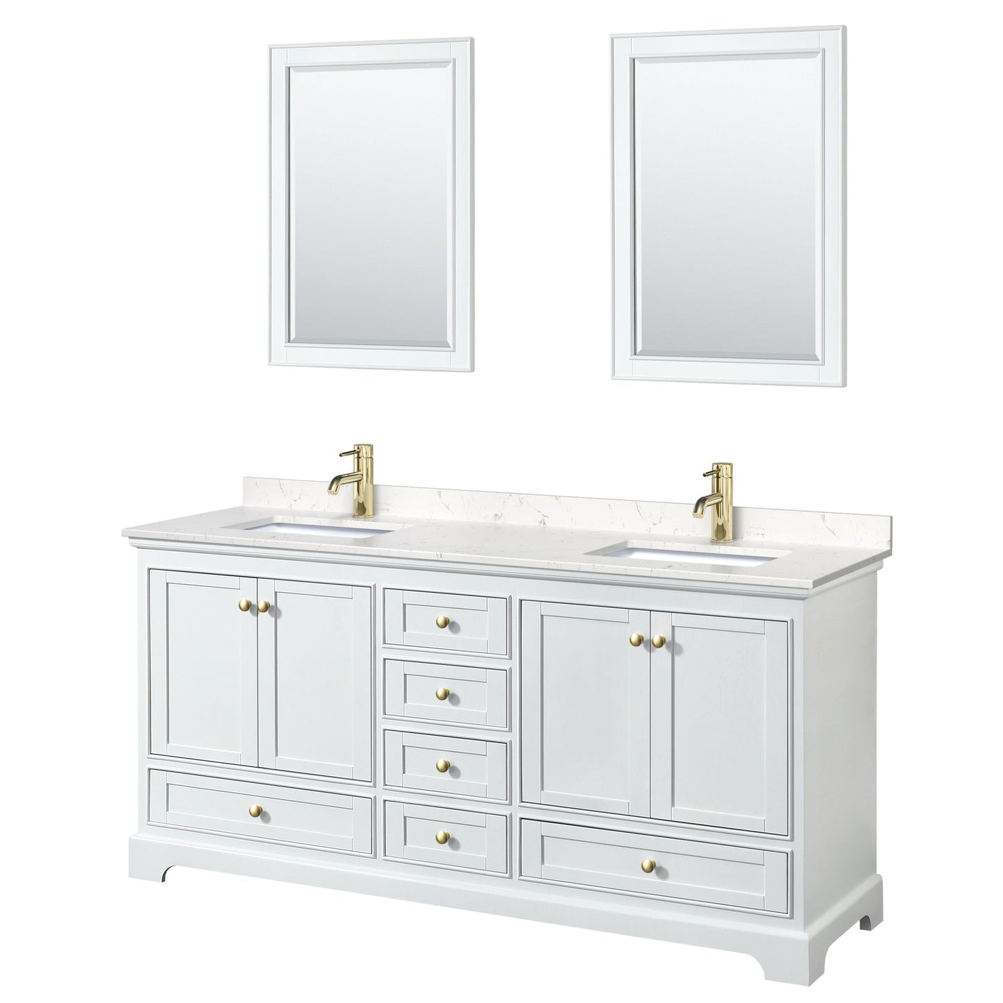 Wyndham Collection Deborah 72" Double Bathroom Vanity in White, Carrara Cultured Marble Countertop, Undermount Square Sinks, Brushed Gold Trim, 24" Mirror