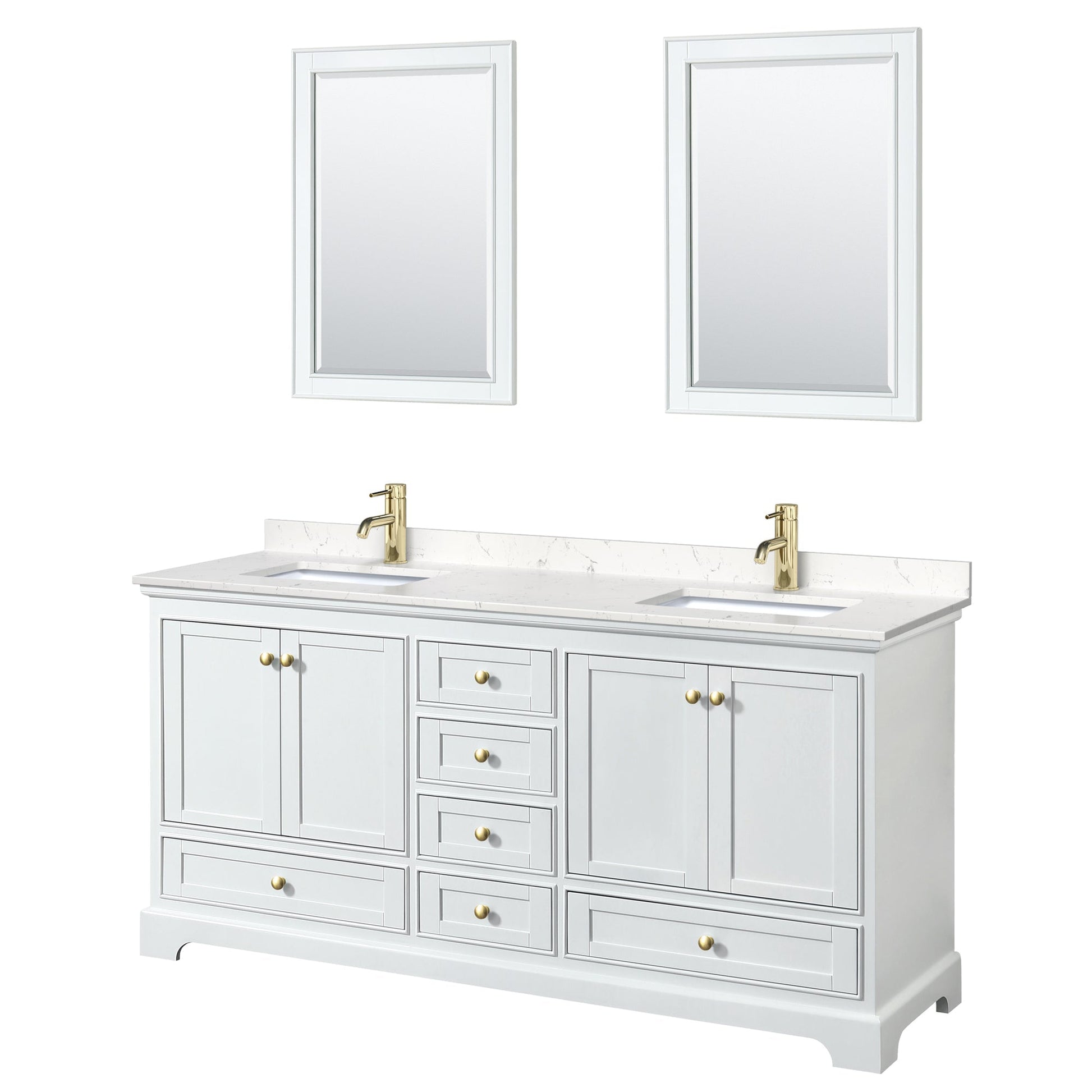 Wyndham Collection Deborah 72" Double Bathroom Vanity in White, Carrara Cultured Marble Countertop, Undermount Square Sinks, Brushed Gold Trim, 24" Mirror