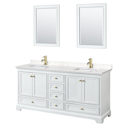 Wyndham Collection Deborah 72" Double Bathroom Vanity in White, Carrara Cultured Marble Countertop, Undermount Square Sinks, Brushed Gold Trim, 24" Mirror