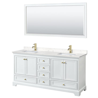 Wyndham Collection Deborah 72" Double Bathroom Vanity in White, Carrara Cultured Marble Countertop, Undermount Square Sinks, Brushed Gold Trim, 70" Mirror