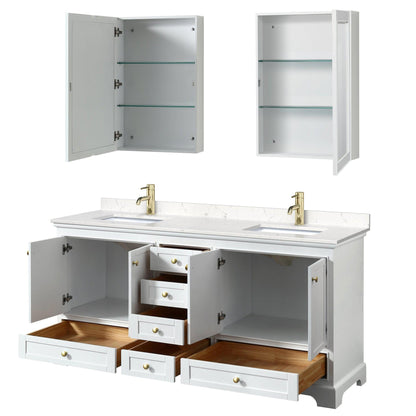 Wyndham Collection Deborah 72" Double Bathroom Vanity in White, Carrara Cultured Marble Countertop, Undermount Square Sinks, Brushed Gold Trim, Medicine Cabinet