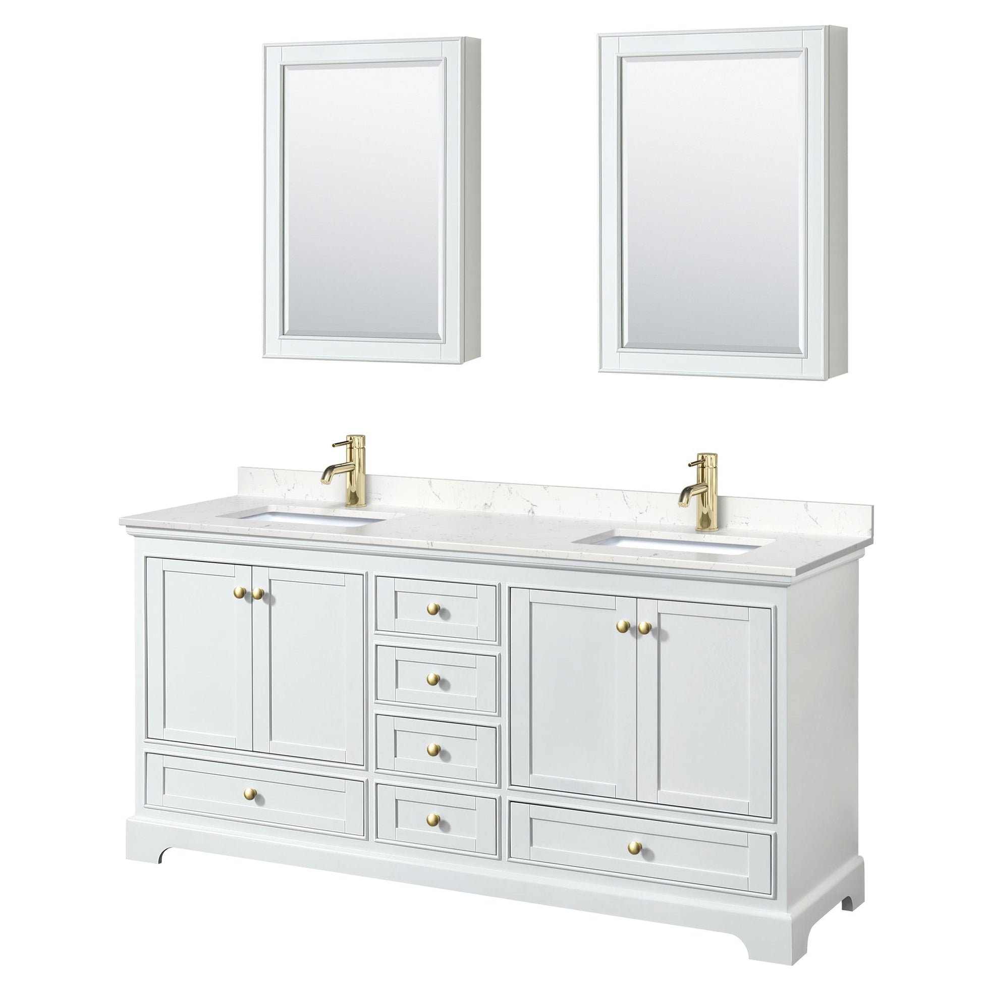 Wyndham Collection Deborah 72" Double Bathroom Vanity in White, Carrara Cultured Marble Countertop, Undermount Square Sinks, Brushed Gold Trim, Medicine Cabinet
