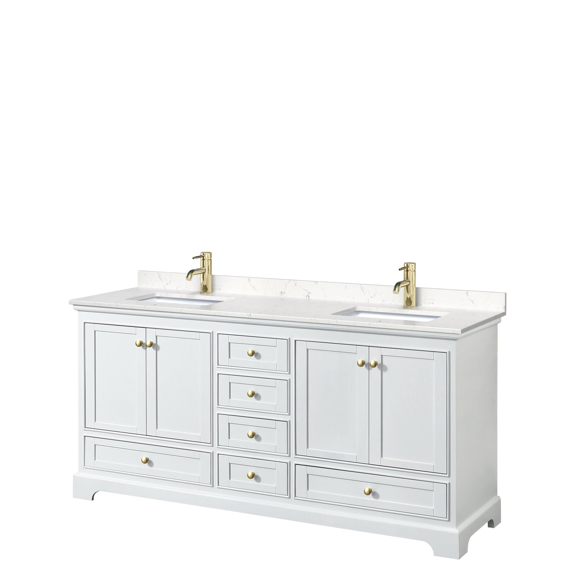 Wyndham Collection Deborah 72" Double Bathroom Vanity in White, Carrara Cultured Marble Countertop, Undermount Square Sinks, Brushed Gold Trim, No Mirror
