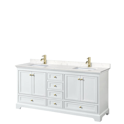 Wyndham Collection Deborah 72" Double Bathroom Vanity in White, Carrara Cultured Marble Countertop, Undermount Square Sinks, Brushed Gold Trim, No Mirror