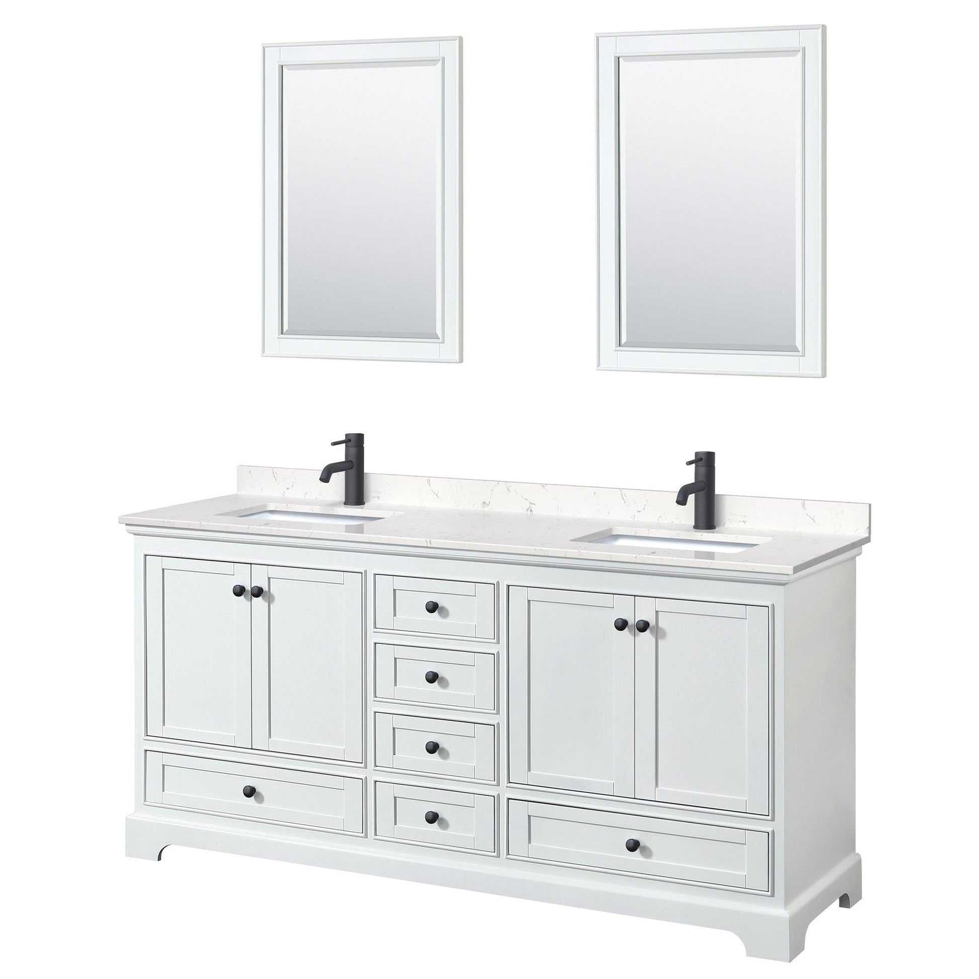 Wyndham Collection Deborah 72" Double Bathroom Vanity in White, Carrara Cultured Marble Countertop, Undermount Square Sinks, Matte Black Trim, 24" Mirrors