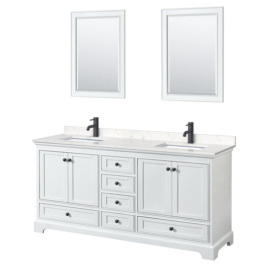 Wyndham Collection Deborah 72" Double Bathroom Vanity in White, Carrara Cultured Marble Countertop, Undermount Square Sinks, Matte Black Trim, 24" Mirrors