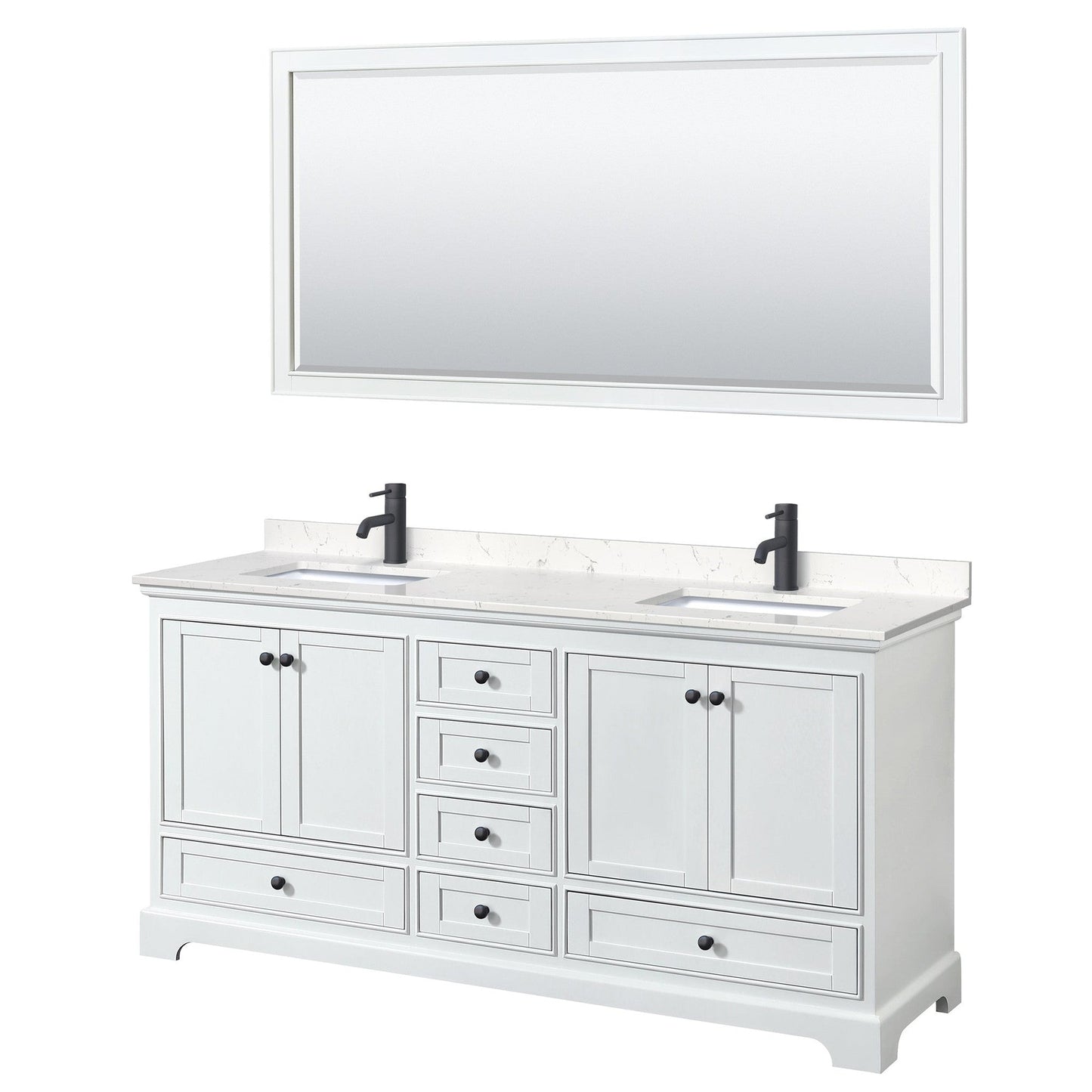 Wyndham Collection Deborah 72" Double Bathroom Vanity in White, Carrara Cultured Marble Countertop, Undermount Square Sinks, Matte Black Trim, 70" Mirror