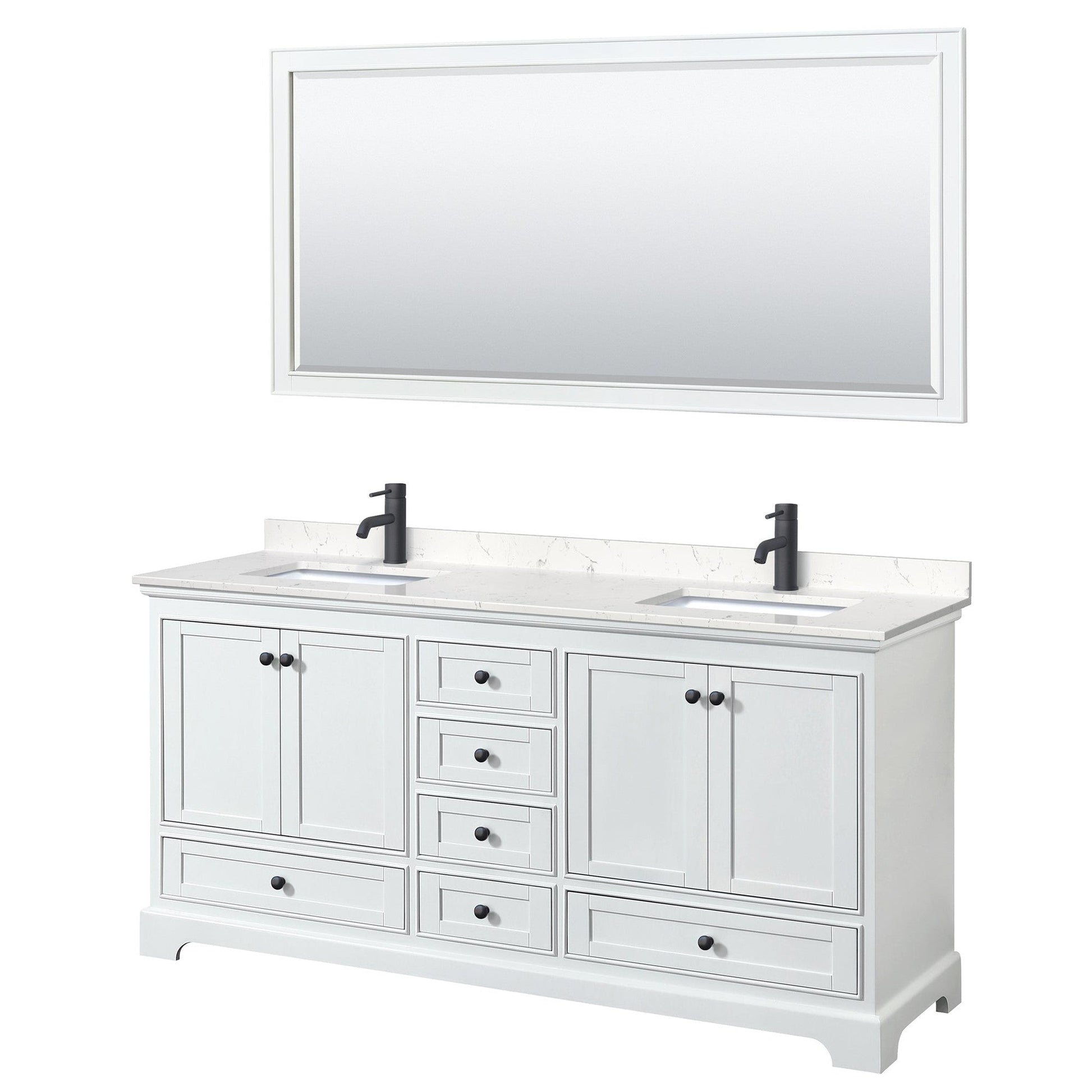 Wyndham Collection Deborah 72" Double Bathroom Vanity in White, Carrara Cultured Marble Countertop, Undermount Square Sinks, Matte Black Trim, 70" Mirror