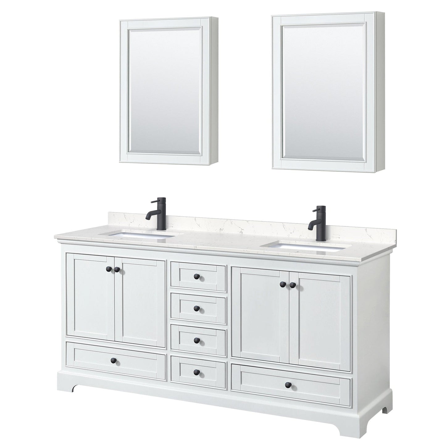 Wyndham Collection Deborah 72" Double Bathroom Vanity in White, Carrara Cultured Marble Countertop, Undermount Square Sinks, Matte Black Trim, Medicine Cabinets