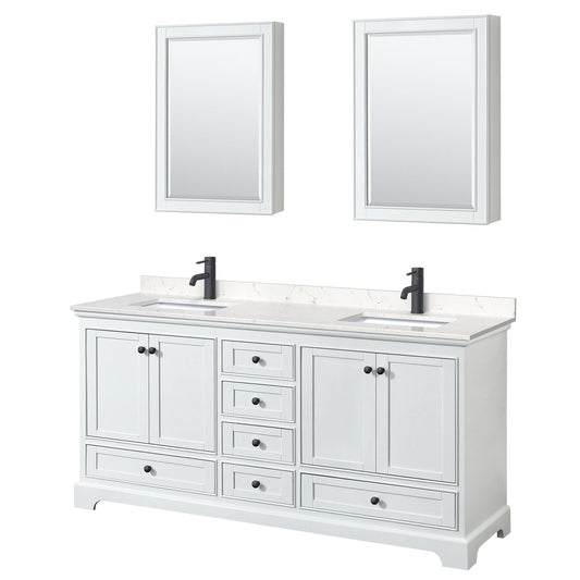 Wyndham Collection Deborah 72" Double Bathroom Vanity in White, Carrara Cultured Marble Countertop, Undermount Square Sinks, Matte Black Trim, Medicine Cabinets
