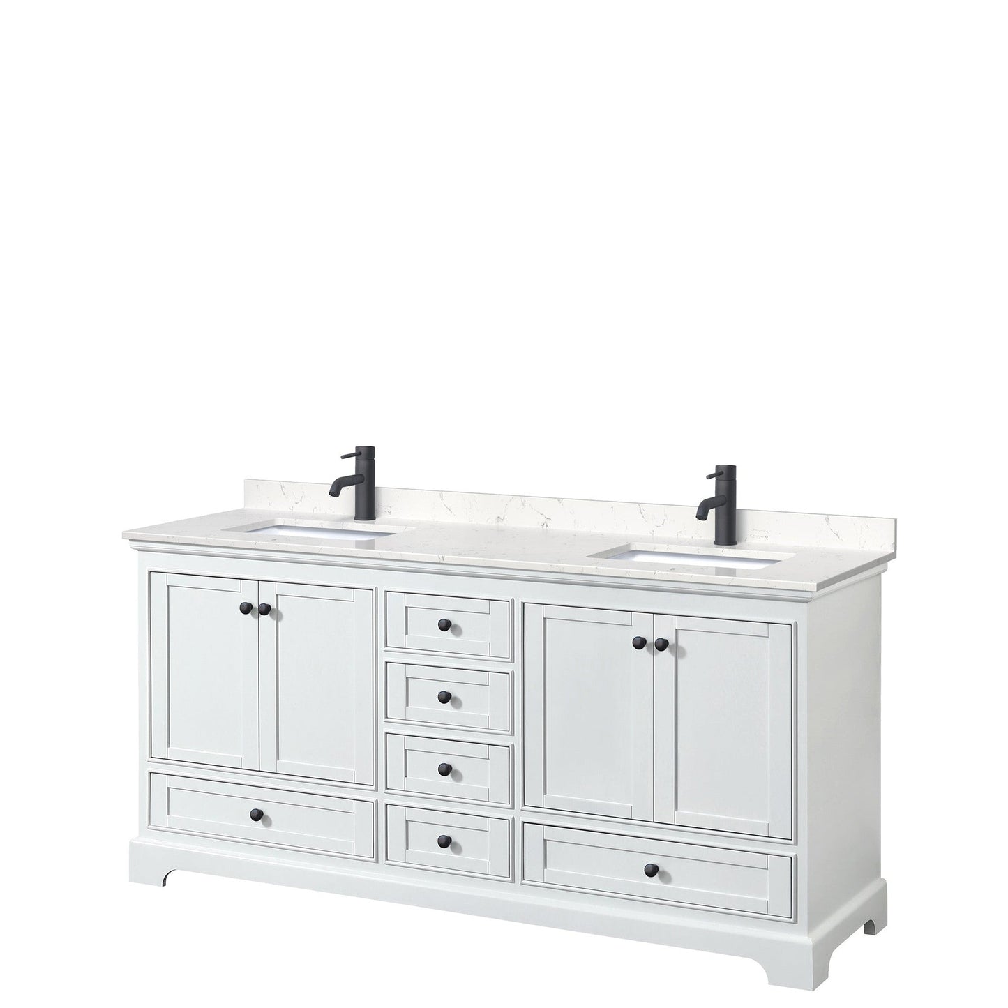Wyndham Collection Deborah 72" Double Bathroom Vanity in White, Carrara Cultured Marble Countertop, Undermount Square Sinks, Matte Black Trim