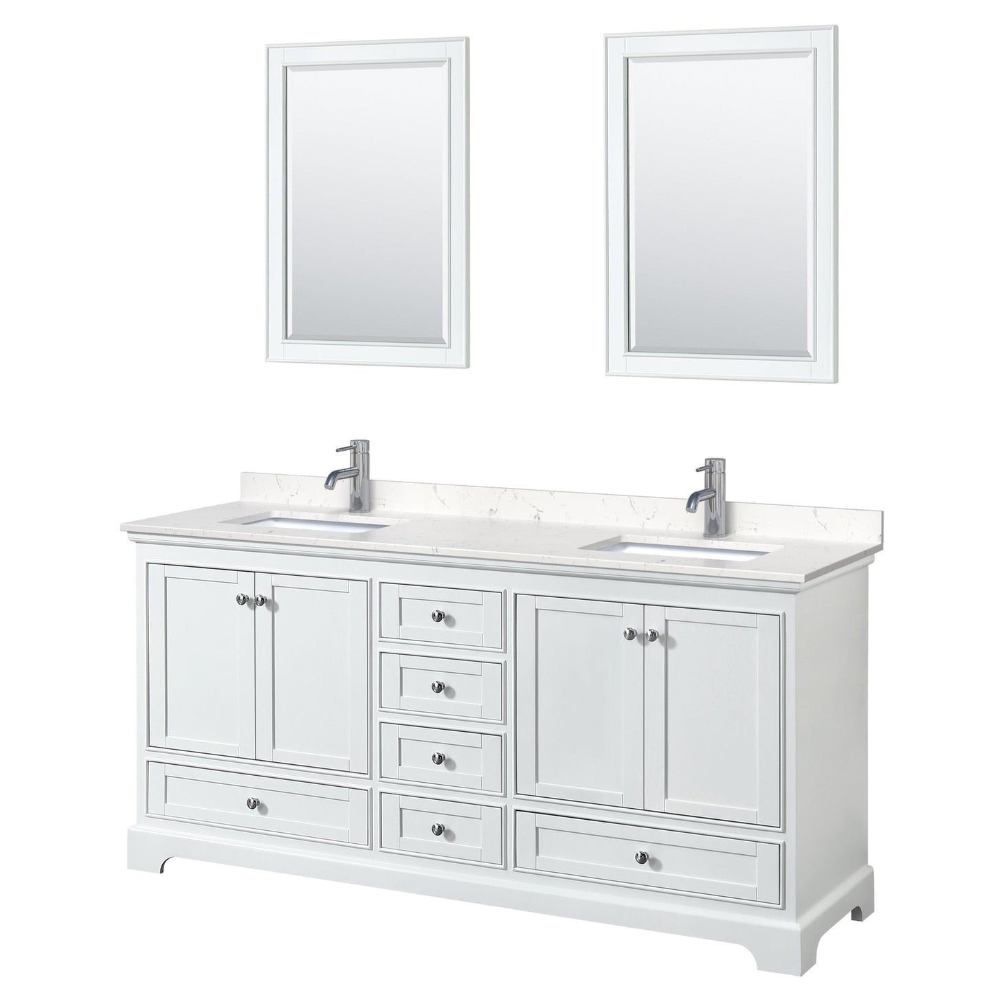 Wyndham Collection Deborah 72" Double Bathroom Vanity in White, Light-Vein Carrara Cultured Marble Countertop, Undermount Square Sinks, 24" Mirror