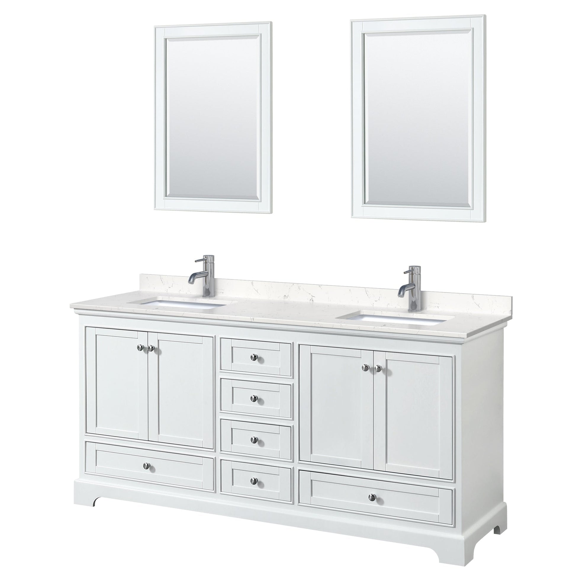 Wyndham Collection Deborah 72" Double Bathroom Vanity in White, Light-Vein Carrara Cultured Marble Countertop, Undermount Square Sinks, 24" Mirror
