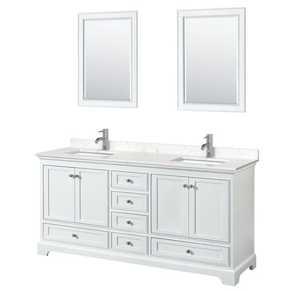 Wyndham Collection Deborah 72" Double Bathroom Vanity in White, Light-Vein Carrara Cultured Marble Countertop, Undermount Square Sinks, 24" Mirror