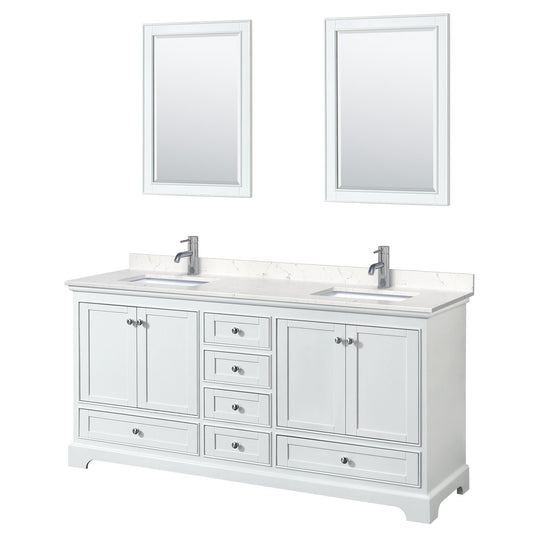 Wyndham Collection Deborah 72" Double Bathroom Vanity in White, Light-Vein Carrara Cultured Marble Countertop, Undermount Square Sinks, 24" Mirror