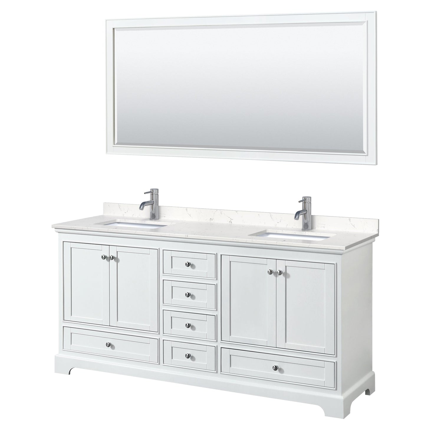 Wyndham Collection Deborah 72" Double Bathroom Vanity in White, Light-Vein Carrara Cultured Marble Countertop, Undermount Square Sinks, 70" Mirror