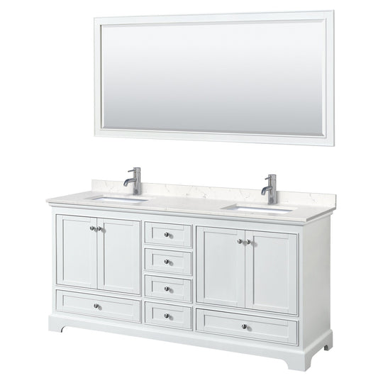 Wyndham Collection Deborah 72" Double Bathroom Vanity in White, Light-Vein Carrara Cultured Marble Countertop, Undermount Square Sinks, 70" Mirror