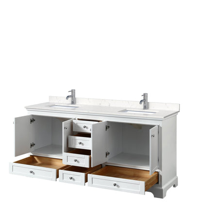 Wyndham Collection Deborah 72" Double Bathroom Vanity in White, Light-Vein Carrara Cultured Marble Countertop, Undermount Square Sinks, No Mirror