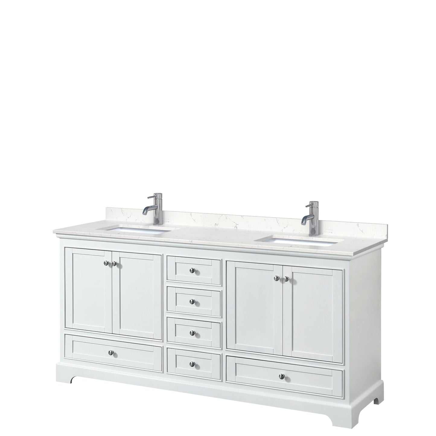 Wyndham Collection Deborah 72" Double Bathroom Vanity in White, Light-Vein Carrara Cultured Marble Countertop, Undermount Square Sinks, No Mirror