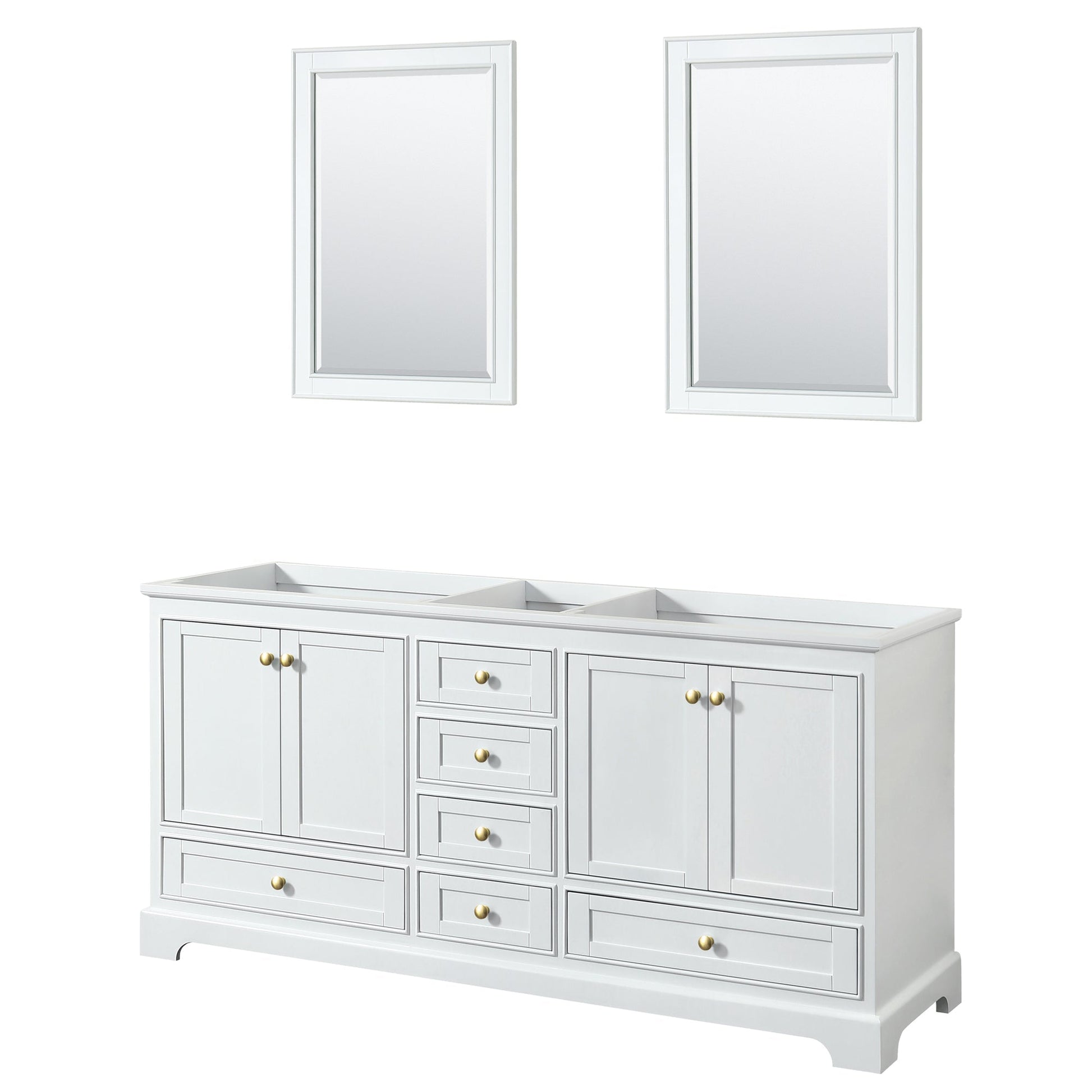 Wyndham Collection Deborah 72" Double Bathroom Vanity in White, No Countertop, No Sinks, Brushed Gold Trim, 24" Mirror