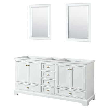 Wyndham Collection Deborah 72" Double Bathroom Vanity in White, No Countertop, No Sinks, Brushed Gold Trim, 24" Mirror