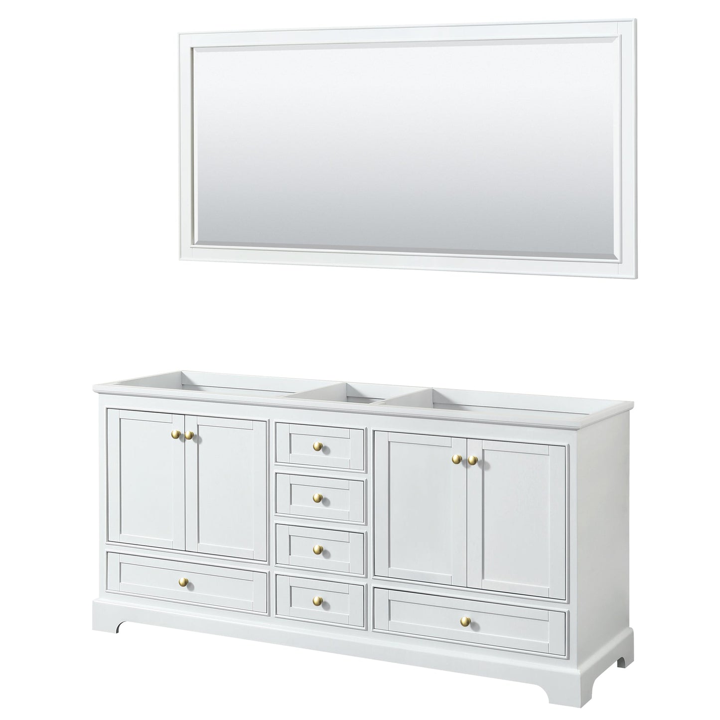 Wyndham Collection Deborah 72" Double Bathroom Vanity in White, No Countertop, No Sinks, Brushed Gold Trim, 70" Mirror