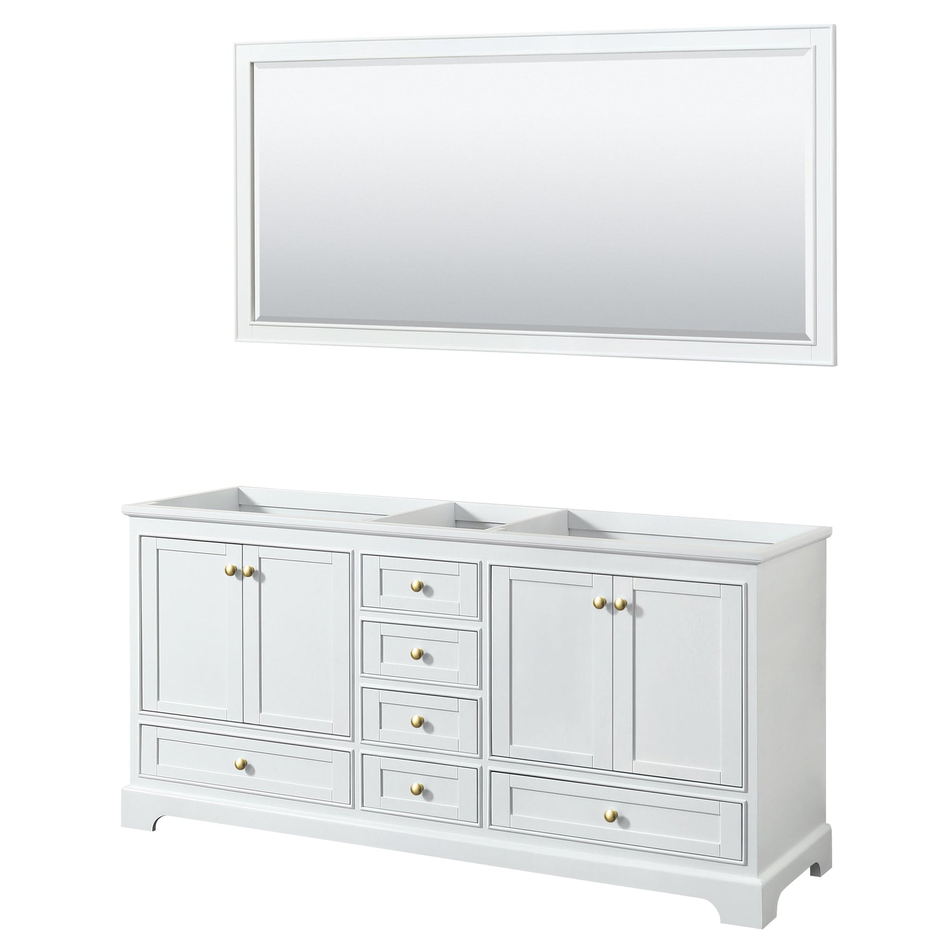 Wyndham Collection Deborah 72" Double Bathroom Vanity in White, No Countertop, No Sinks, Brushed Gold Trim, 70" Mirror