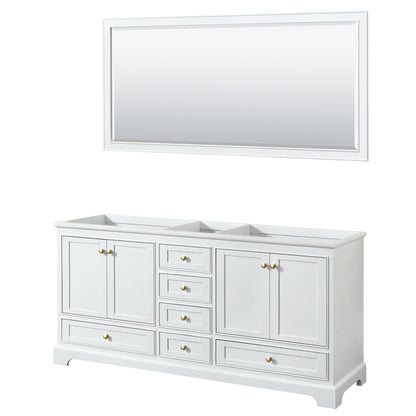 Wyndham Collection Deborah 72" Double Bathroom Vanity in White, No Countertop, No Sinks, Brushed Gold Trim, 70" Mirror