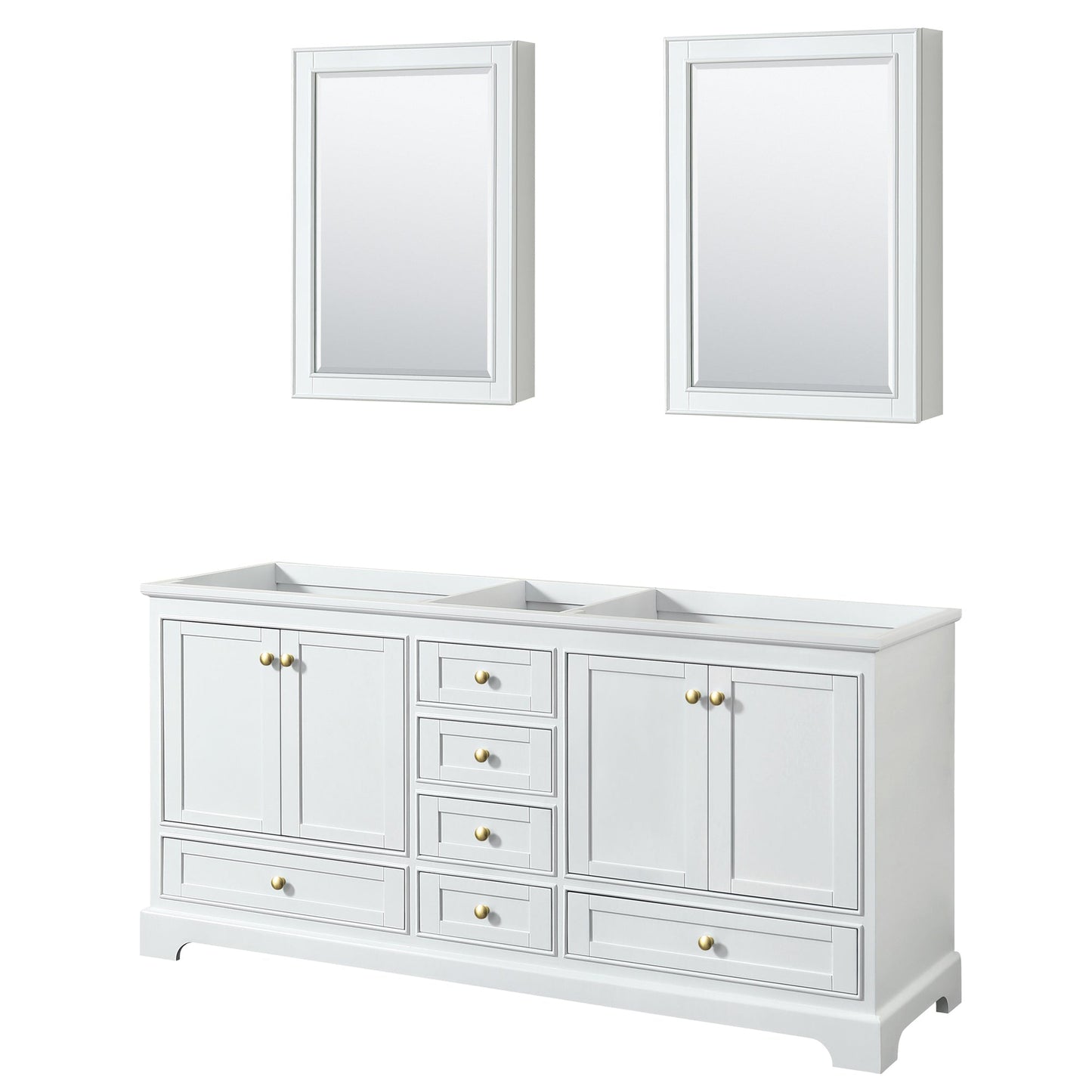 Wyndham Collection Deborah 72" Double Bathroom Vanity in White, No Countertop, No Sinks, Brushed Gold Trim, Medicine Cabinet