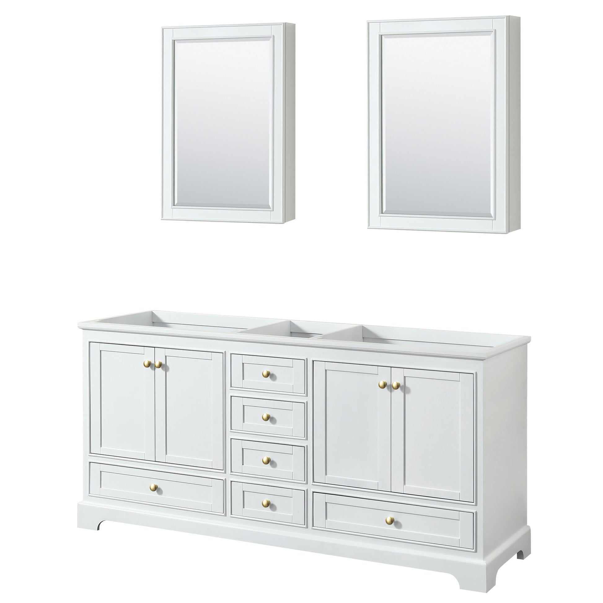Wyndham Collection Deborah 72" Double Bathroom Vanity in White, No Countertop, No Sinks, Brushed Gold Trim, Medicine Cabinet