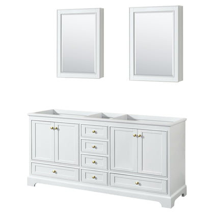 Wyndham Collection Deborah 72" Double Bathroom Vanity in White, No Countertop, No Sinks, Brushed Gold Trim, Medicine Cabinet