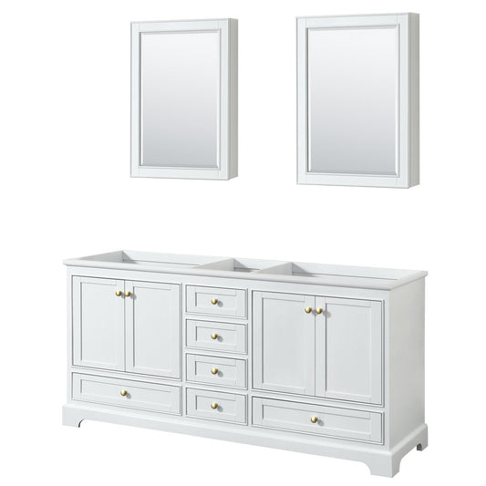 Wyndham Collection Deborah 72" Double Bathroom Vanity in White, No Countertop, No Sinks, Brushed Gold Trim, Medicine Cabinet