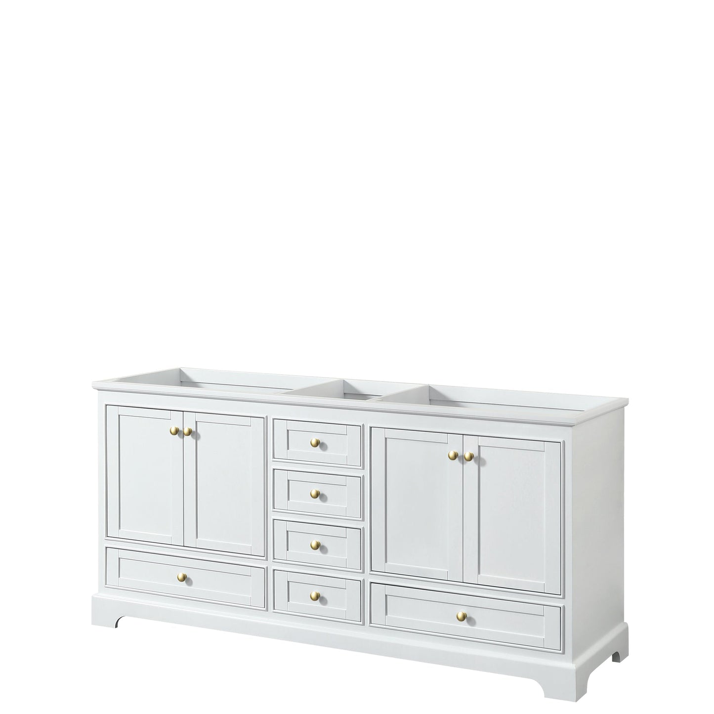 Wyndham Collection Deborah 72" Double Bathroom Vanity in White, No Countertop, No Sinks, Brushed Gold Trim, No Mirror