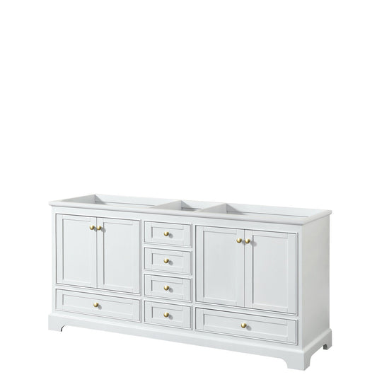 Wyndham Collection Deborah 72" Double Bathroom Vanity in White, No Countertop, No Sinks, Brushed Gold Trim, No Mirror