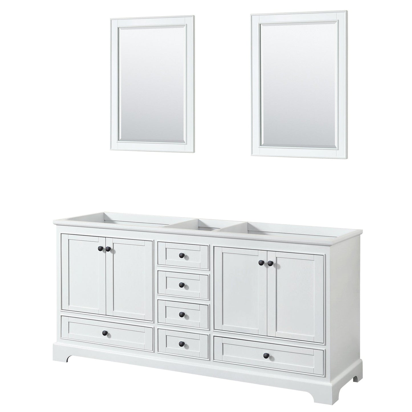 Wyndham Collection Deborah 72" Double Bathroom Vanity in White, No Countertop, No Sinks, Matte Black Trim, 24" Mirrors