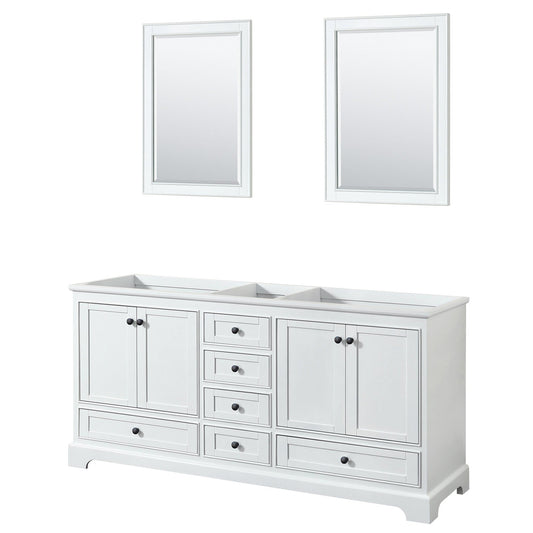 Wyndham Collection Deborah 72" Double Bathroom Vanity in White, No Countertop, No Sinks, Matte Black Trim, 24" Mirrors