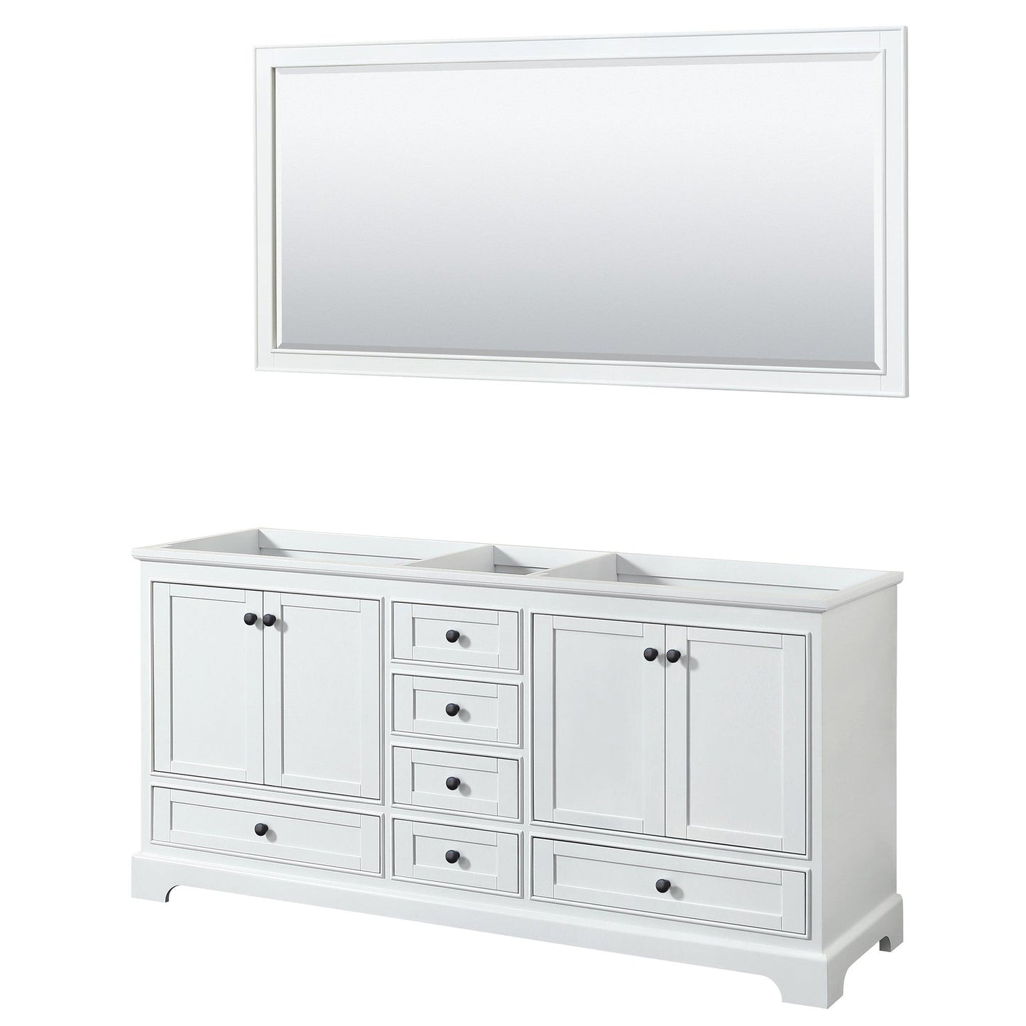 Wyndham Collection Deborah 72" Double Bathroom Vanity in White, No Countertop, No Sinks, Matte Black Trim, 70" Mirror