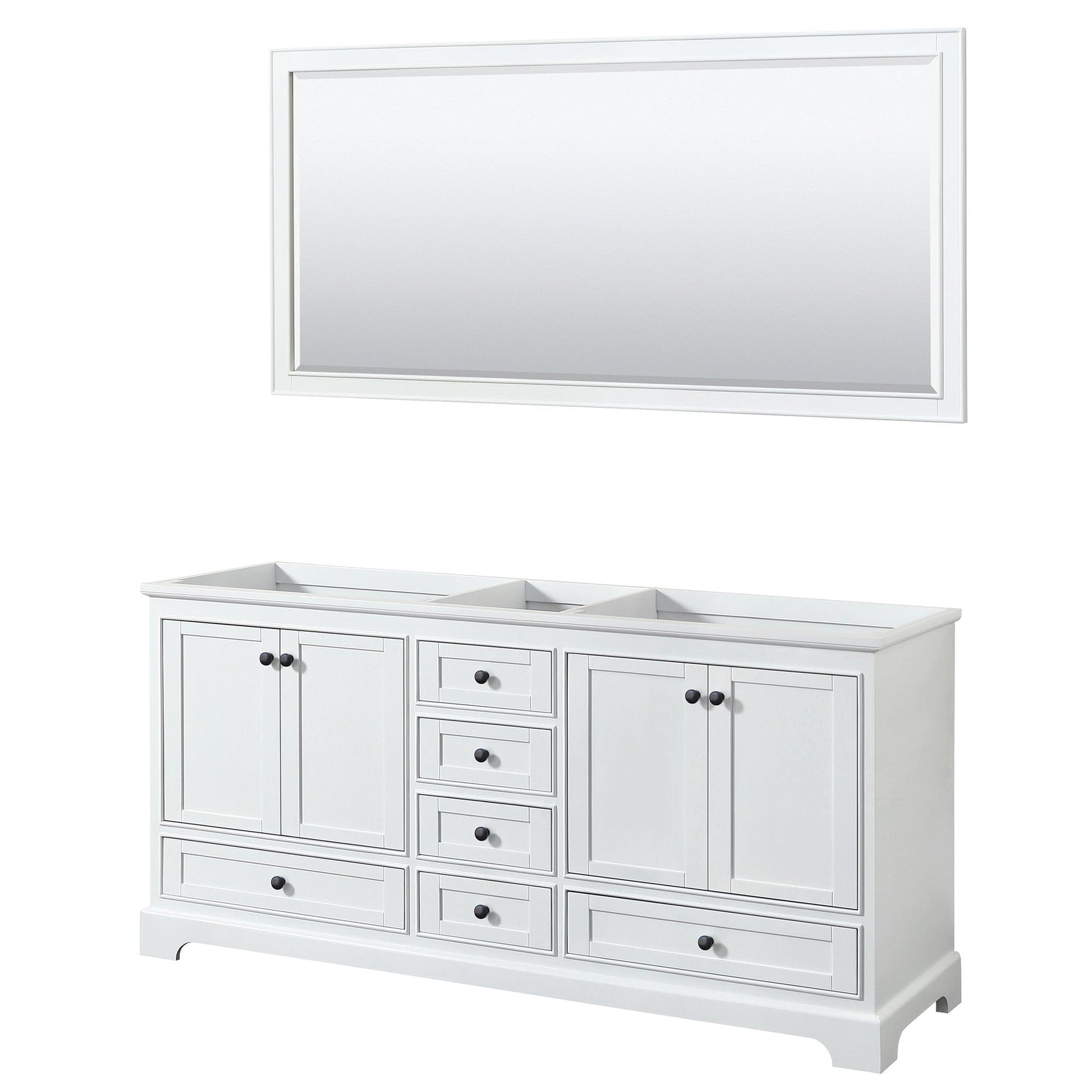 Wyndham Collection Deborah 72" Double Bathroom Vanity in White, No Countertop, No Sinks, Matte Black Trim, 70" Mirror