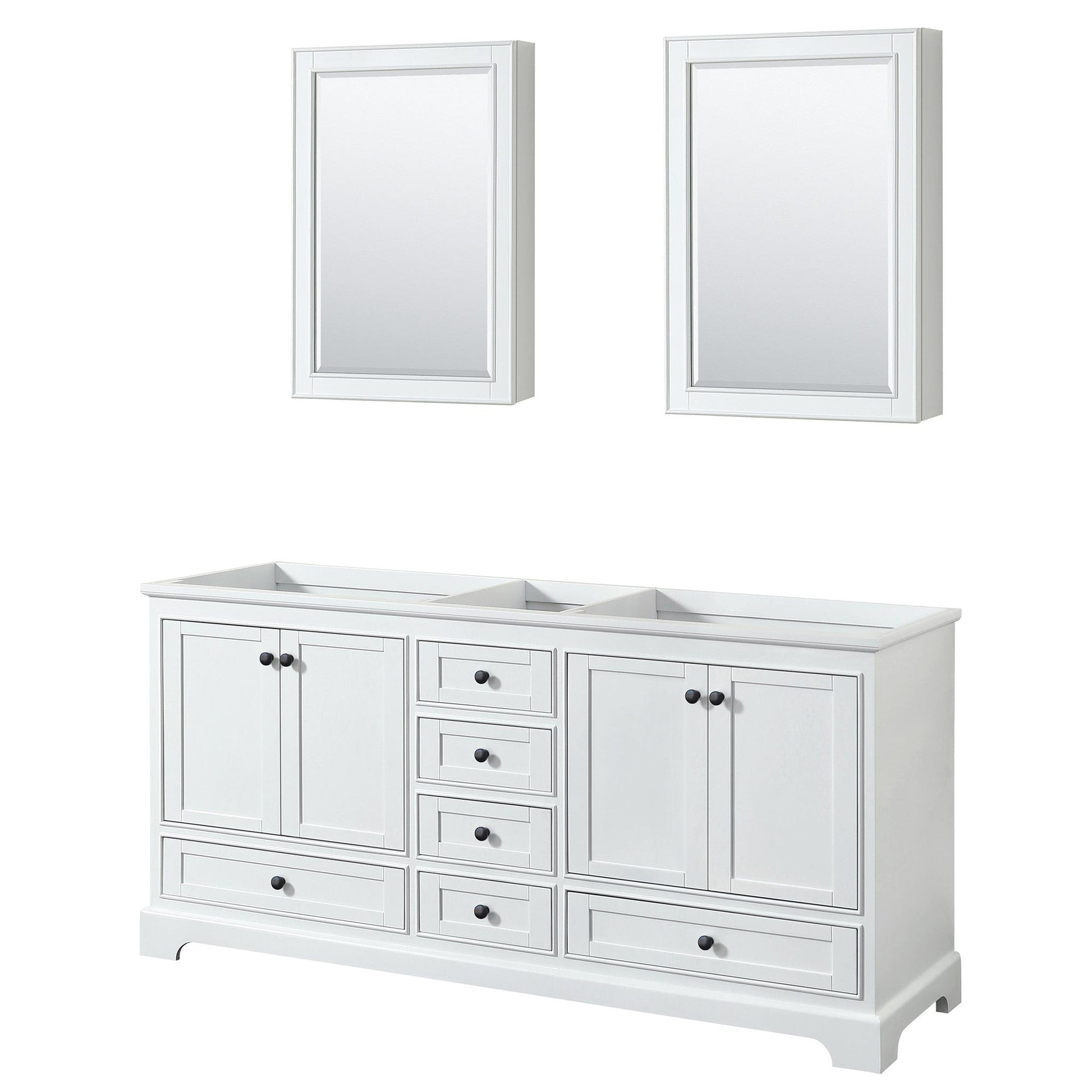 Wyndham Collection Deborah 72" Double Bathroom Vanity in White, No Countertop, No Sinks, Matte Black Trim, Medicine Cabinets